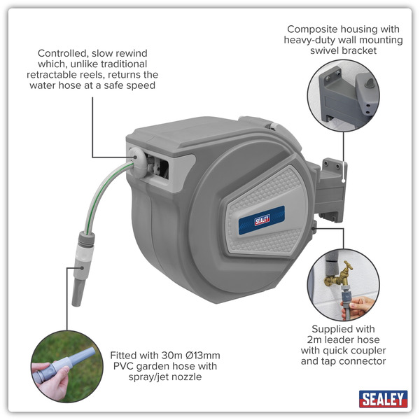 Sealey RWH30 Auto-Rewind Control Garden Hose Reel 30m