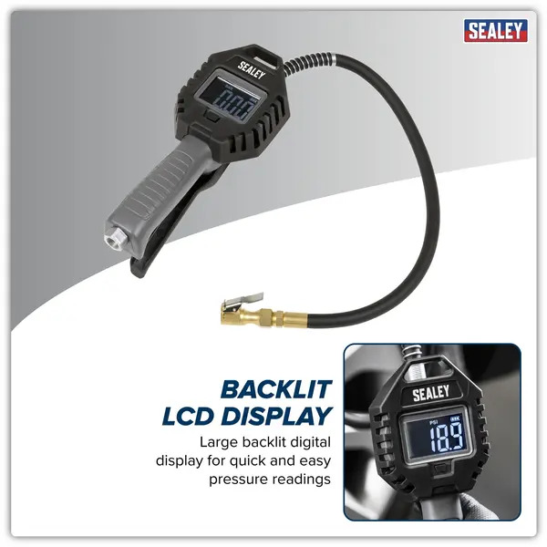 Sealey SA500 Digital Tyre Inflator with Clip on Connector & Rechargeable Digital Display