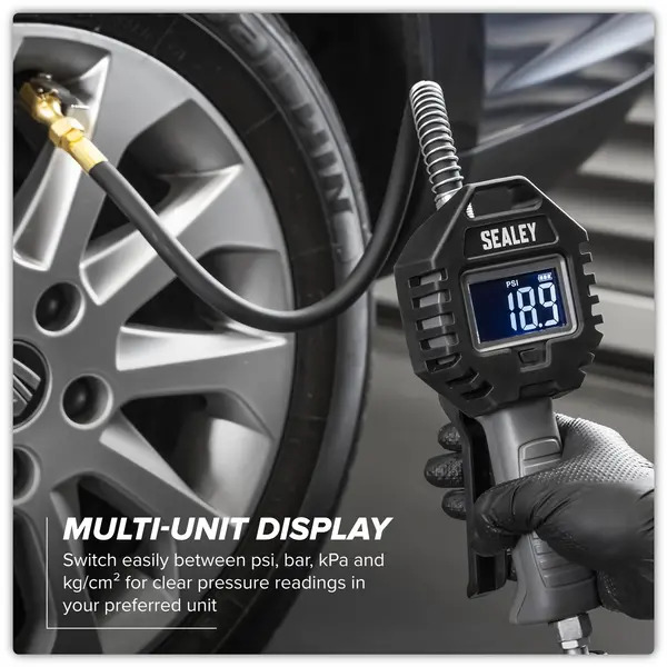 Sealey SA500 Digital Tyre Inflator with Clip on Connector & Rechargeable Digital Display