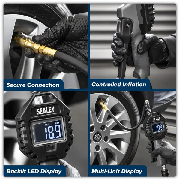 Sealey SA500 Digital Tyre Inflator with Clip on Connector & Rechargeable Digital Display