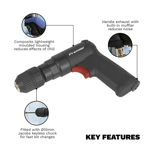 Sealey SA620 Premier Composite Reversible Air Pistol Drill 10mm with Keyless Chuck