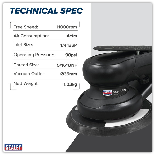 Sealey SA801 Air Palm Orbital Sander Ø150mm Dust-Free