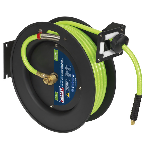 Sealey 15m Retractable High-Visibility TPR Air Hose with Metal Reel 10mm ID