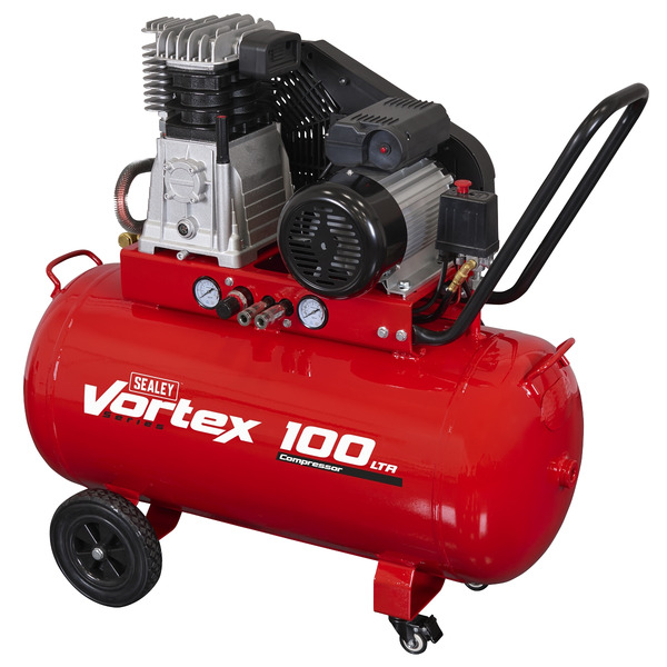 Sealey 100L Belt Drive Air Compressor with Cast Cylinders & Wheels 3.5hp