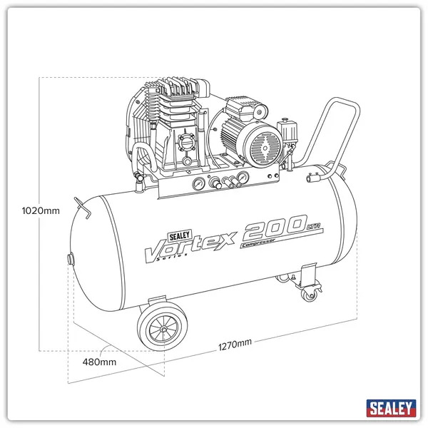 Sealey SAC1203B 200L Belt Drive Air Compressor with Cast Cylinders & Wheels 3.5hp