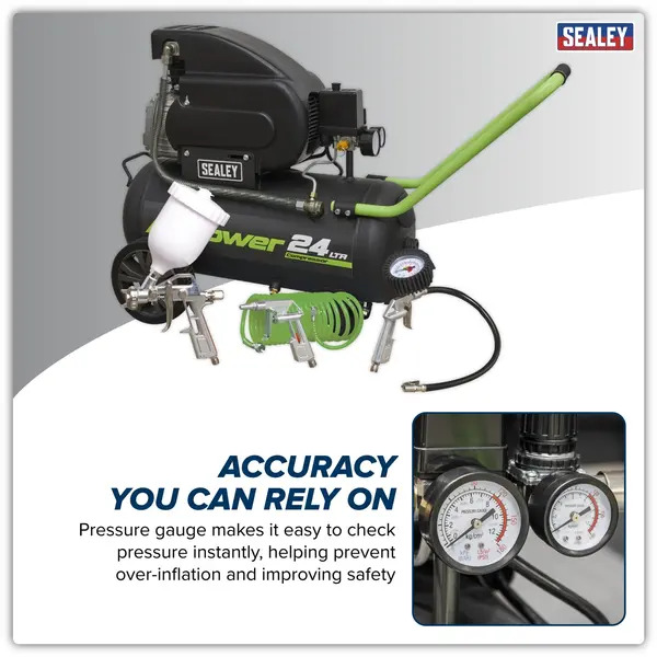 Sealey SAC2420EPK 24L Direct Drive Air Compressor 2hp with 4pc Air Accessory Kit