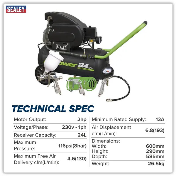 Sealey SAC2420EPK 24L Direct Drive Air Compressor 2hp with 4pc Air Accessory Kit