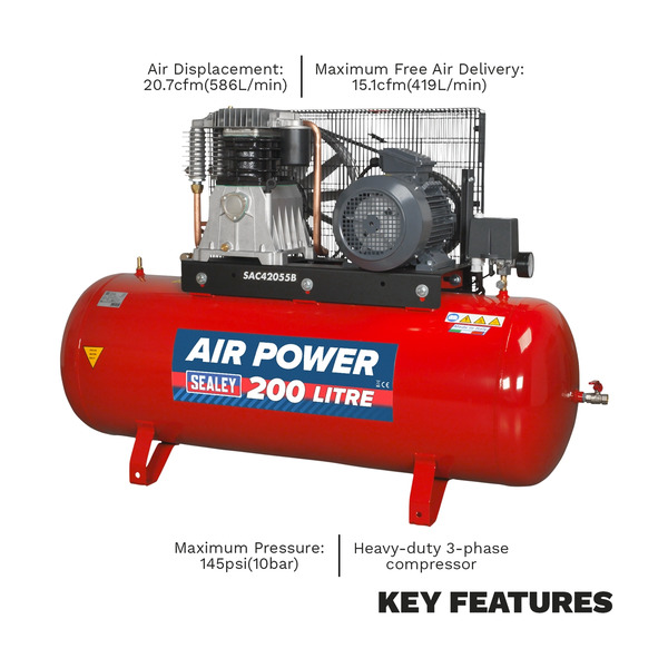 Sealey SAC42055B 200L Belt Drive Air Compressor with Cast Cylinders 5.5hp 2-Stage