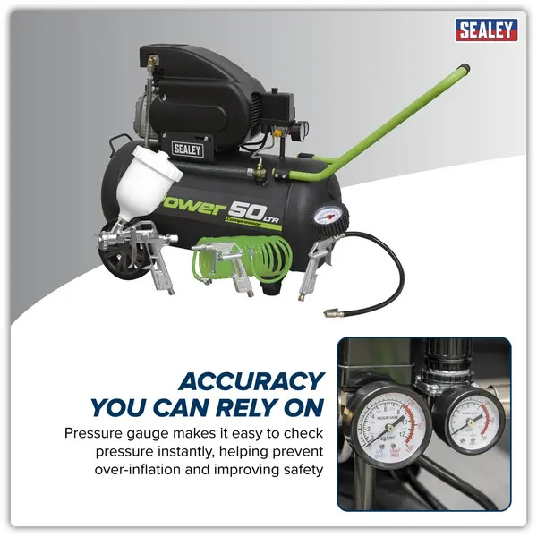 Sealey SAC5020EPK 50L Direct Drive Air Compressor 2hp with 4pc Air Accessory Kit