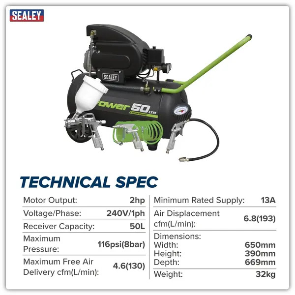 Sealey SAC5020EPK 50L Direct Drive Air Compressor 2hp with 4pc Air Accessory Kit