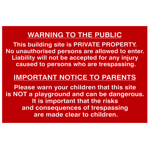 Scan SCA4251 Building Site Warning to Public & Parents - PVC Sign 600 x 400mm