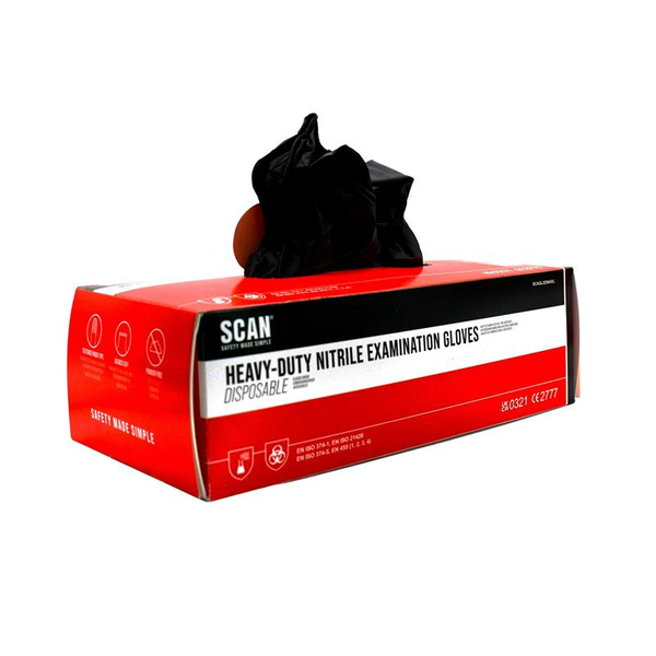 Scan SCAGLODNHDL Black Heavy-Duty Nitrile Disposable Gloves Large Size 8 (Box of 100)