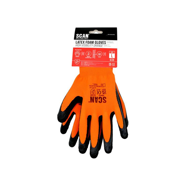Scan SCAGLOLATOL Hi-Vis Orange Foam Latex Coated Gloves - L (Size 9)