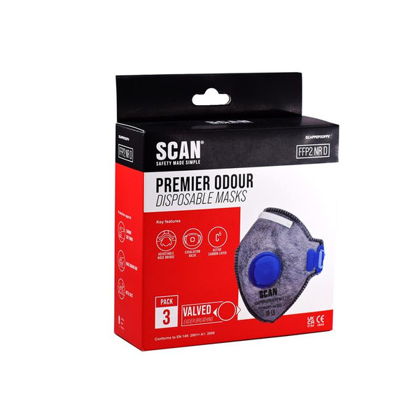 Scan SCAPPEP2OFFV Fold Flat Disposable Odour Mask Valved FFP2 Protection (Pack 3)