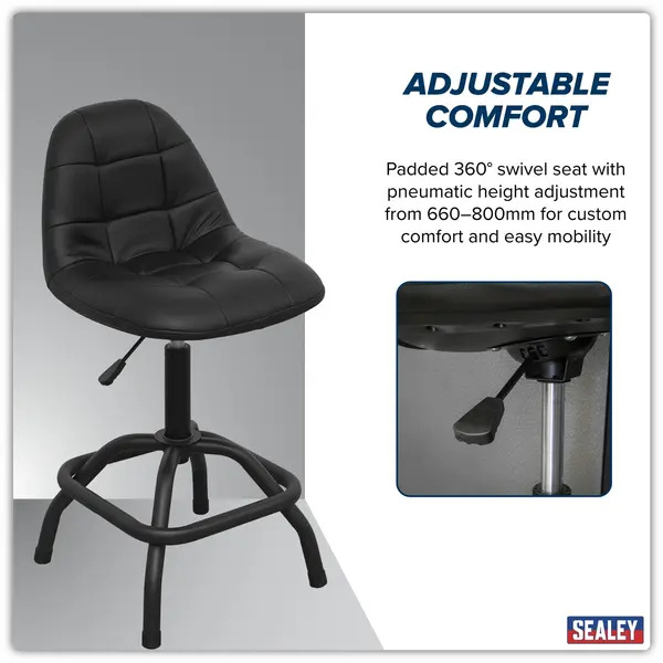 Sealey SCR01B Premier Industrial Pneumatic Workshop Stool with Adjustable Height Swivel Seat & Back Rest