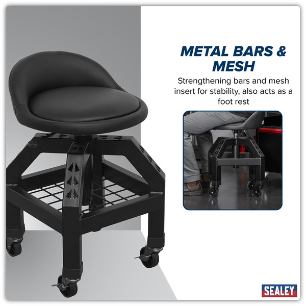 Sealey SCR03B Premier Industrial Pneumatic Creeper Stool with Adjustable Height Swivel Seat & Back Rest