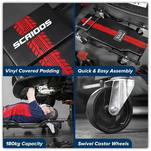 Sealey SCR100S Steel Creeper with 4 Rough Ground Wheels