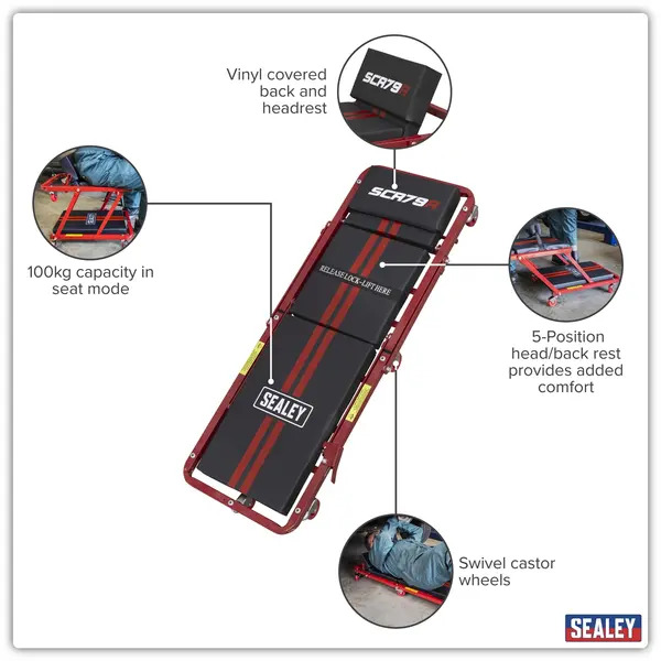 Sealey SCR79 Steel Creeper/Seat with 7 Wheels & Adjustable Head Rest