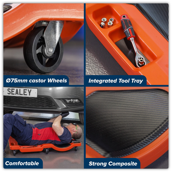 Sealey SCR80HD Composite Padded Creeper with 6 Wheels