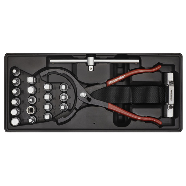 Sealey TBT28 Premier Oil Filter Wrench, Pliers & Drain Key Set with Tool Tray 21pc