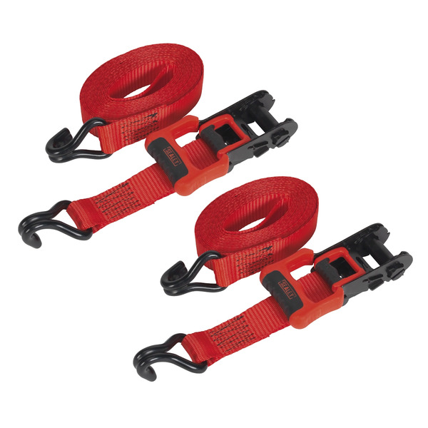 Sealey TD41248JD Ratchet Straps Polyester Webbing with J-Hooks 32mm x 4.9m 1200kg Breaking Strength - 2 Pairs