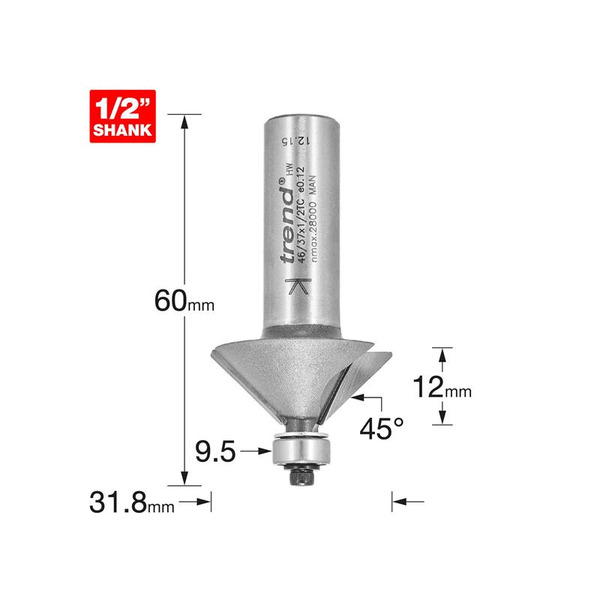 Trend TRE463712TC 46/37 x 1/2 TCT Bearing Guided Chamfer 45 31.8 x 12mm