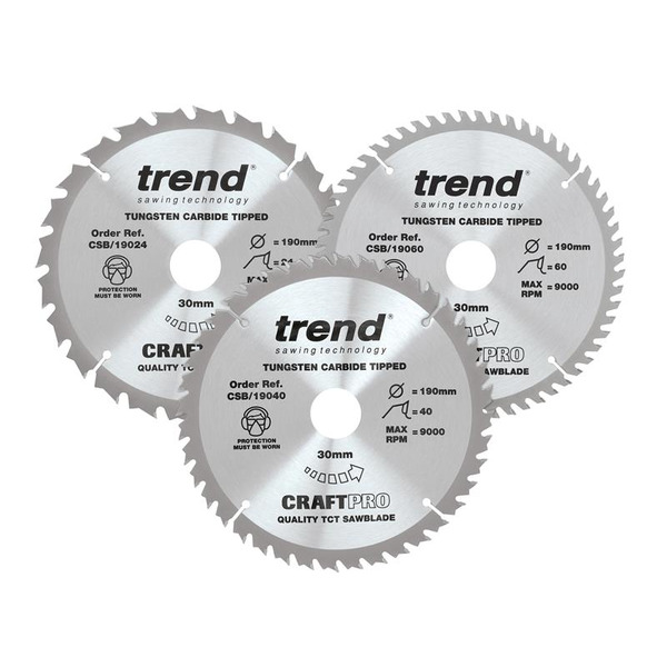 Trend TRECSB190P3 CraftPro Saw Blade 190 x 30mm x 24T/40T/60T (Pack 3)