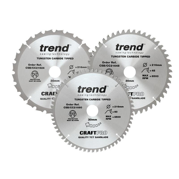 Trend TRECSB216P3 CraftPro Mitre Saw Blade 216 x 30mm x 24T/48T/60T (Pack 3)