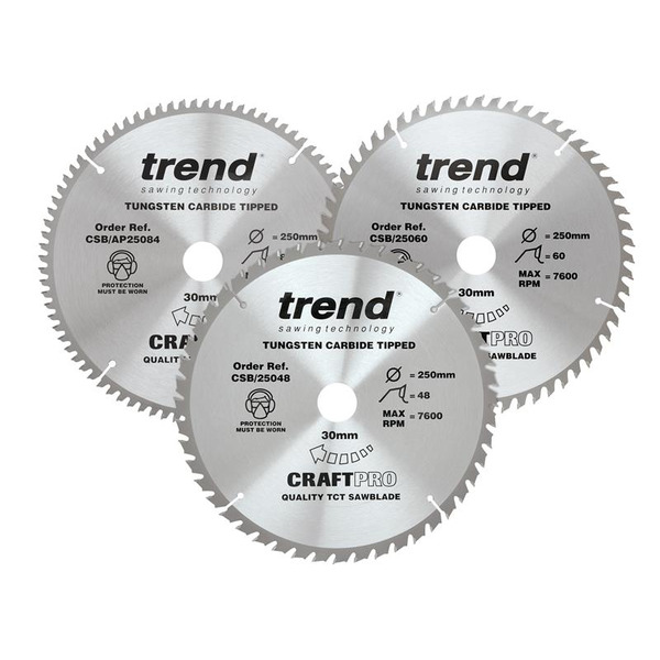 Trend TRECSB250P3 CraftPro Table Saw Blade 250 x 30mm x 48T/60T/84T (Pack 3)