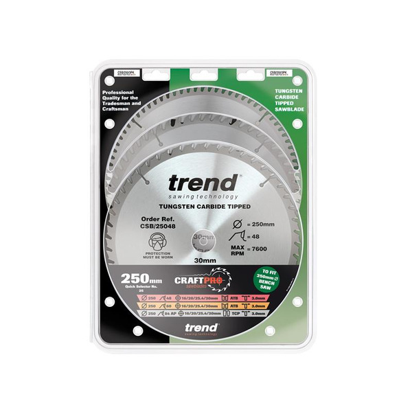 Trend TRECSB250P3 CraftPro Table Saw Blade 250 x 30mm x 48T/60T/84T (Pack 3)