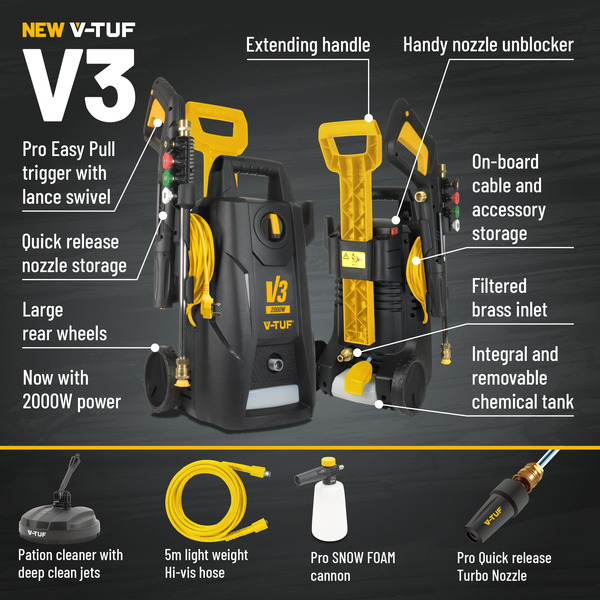 V-TUF V3-240 X2 2175psi 150Bar, 7.5L/min DIY Portable Electric Pressure Washer - HI-VIS HOSE & CABLE