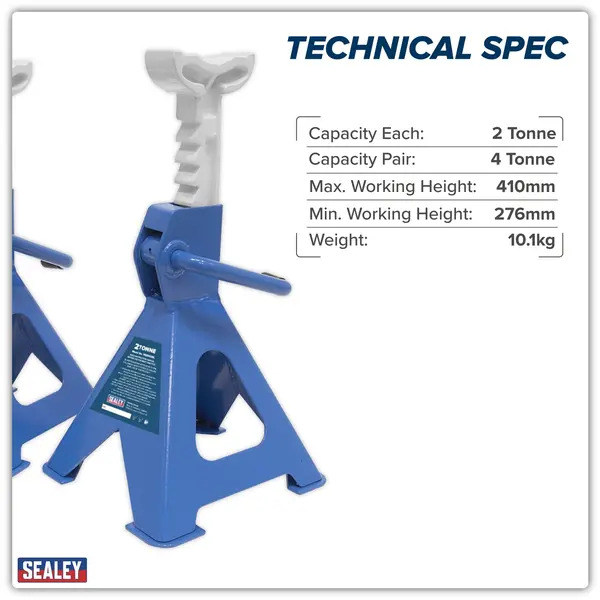 Sealey VS2002BL Ratchet Type Axle Stands (Pair) 2 Tonne Capacity per Stand - Blue