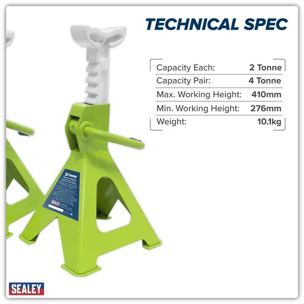 Sealey VS2002HV Ratchet Type Axle Stands (Pair) 2 Tonne Capacity per Stand - Hi-Vis Green
