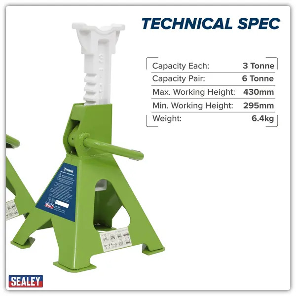 Sealey VS2003HV Ratchet Type Axle Stands (Pair) 3 Tonne Capacity per Stand - Hi-Vis Green