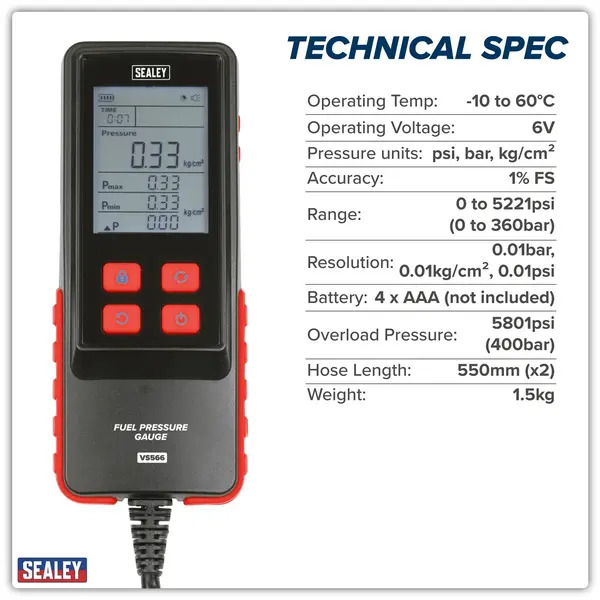 Sealey VS566 Digital Fuel Injection Pressure Test Kit for GDI Fuel Circuits 6pc