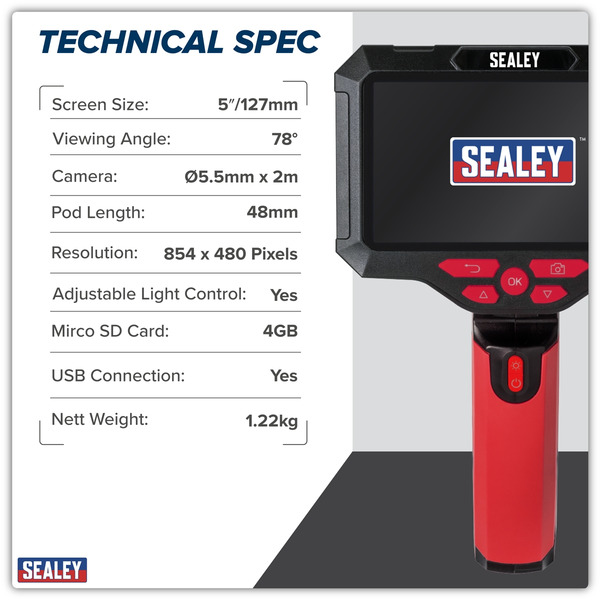 Sealey VS8118 Video Borescope 5.5mm Camera Dual Lens & 5
