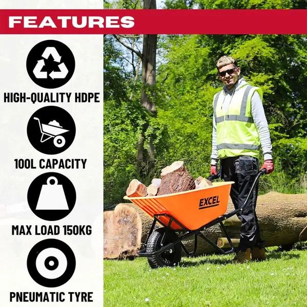 Excel 30372 Heavy Duty Wheelbarrow with 100L HDPE Tray