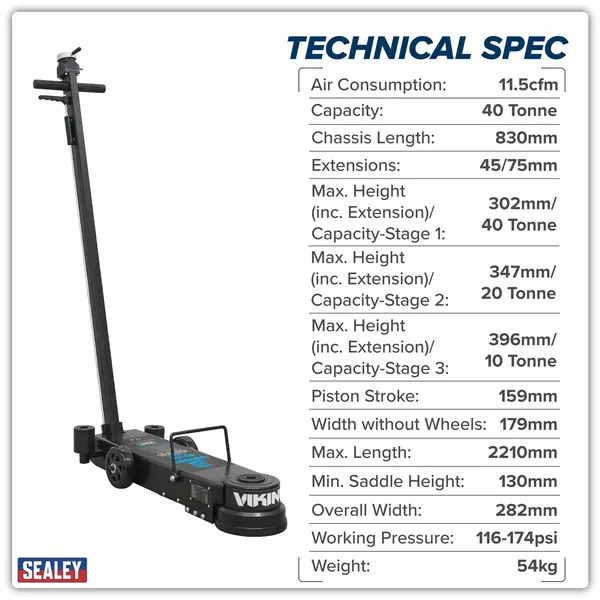 Sealey YAJ10-40LELR Viking Long Reach/Low Profile Air Operated Telescopic Jack 10-40 Tonne