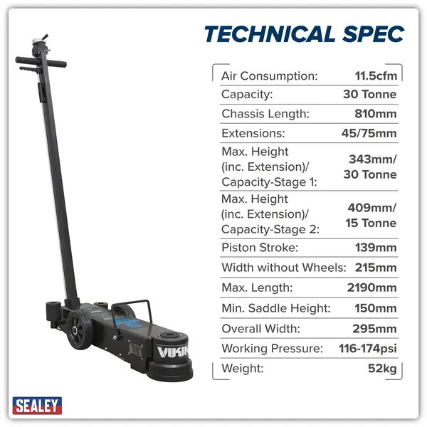 Sealey YAJ15-30LE Viking Long Reach/Low Profile Air Operated Telescopic Jack 15-30 Tonne