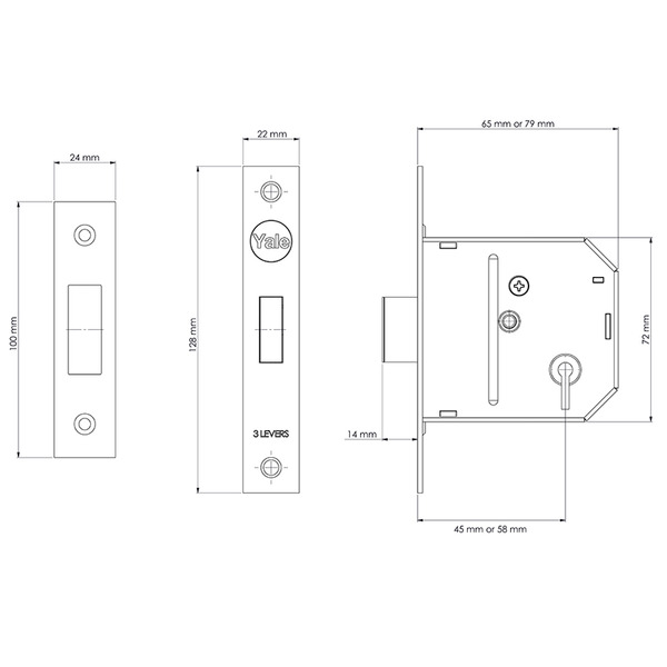 YALPM322PB25 Yale Locks PM322 3 Lever Mortice Deadlock Polished Brass 65mm 2.5in