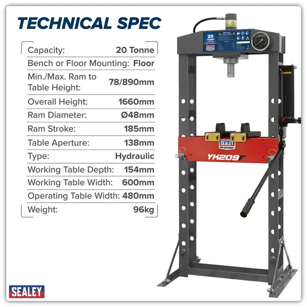 Sealey YK209F Premier Heavy-Duty Floor Type Hydraulic Press 20 Tonne