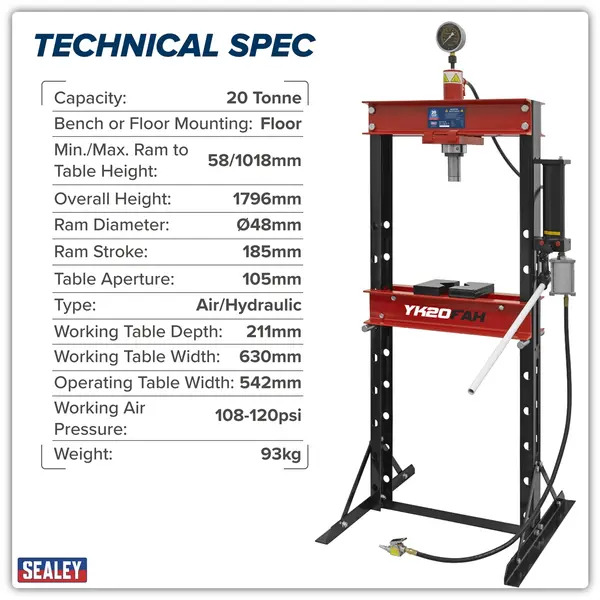 Sealey YK20FAH Air/Hydraulic Floor Type Press 20 Tonne