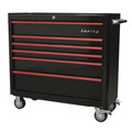 Premier™ Retro Style Wide Rollcab 6 Drawer - Black with Red Anodised Drawer Pulls