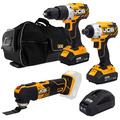 JCB 18V B/L Combi Drill B/L Impact Driver Multi Tool Kit 2x 2.0ah Lithium-Ion Batteries and charger in 26 wheeled kit bag | 21-18TPKMT-2