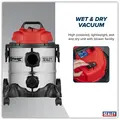 Sealey PC200SD 20L Vacuum Cleaner Wet & Dry Stainless Drum 1250W/230V